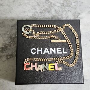 CHANEL Multicolor Enamel Logo Pendant Necklace in Gold✨️